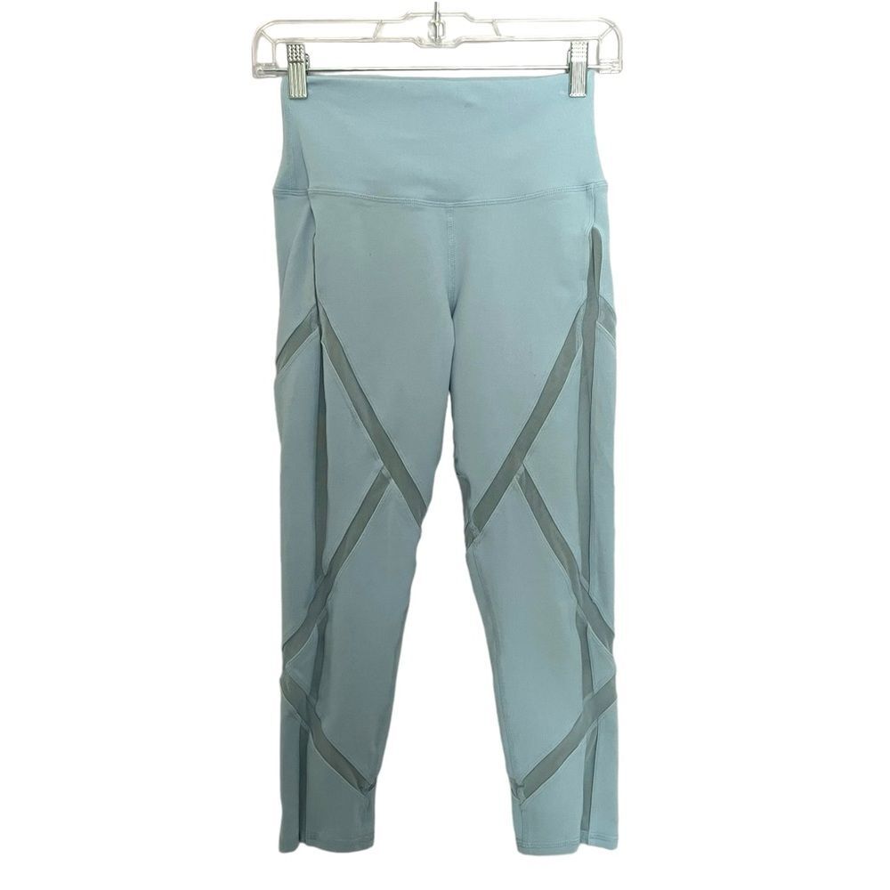 Alo Yoga High Waist Laced Capri Legging Mesh Cutout Light Blue size S Crop